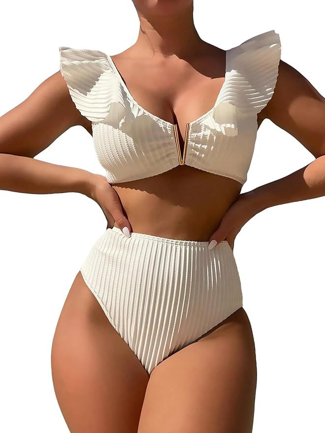 Women's Cute Ruffle Trim V Neck Bikini Triangle Set Solid High Cut Bikini Swimsuit Bathing Suit | Amazon (US)