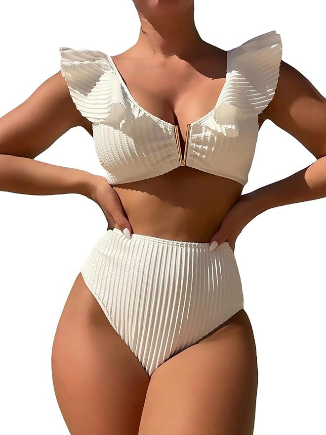 Women's Cute Ruffle Trim V Neck Bikini Triangle Set Solid High Cut Bikini Swimsuit Bathing Suit | Amazon (US)
