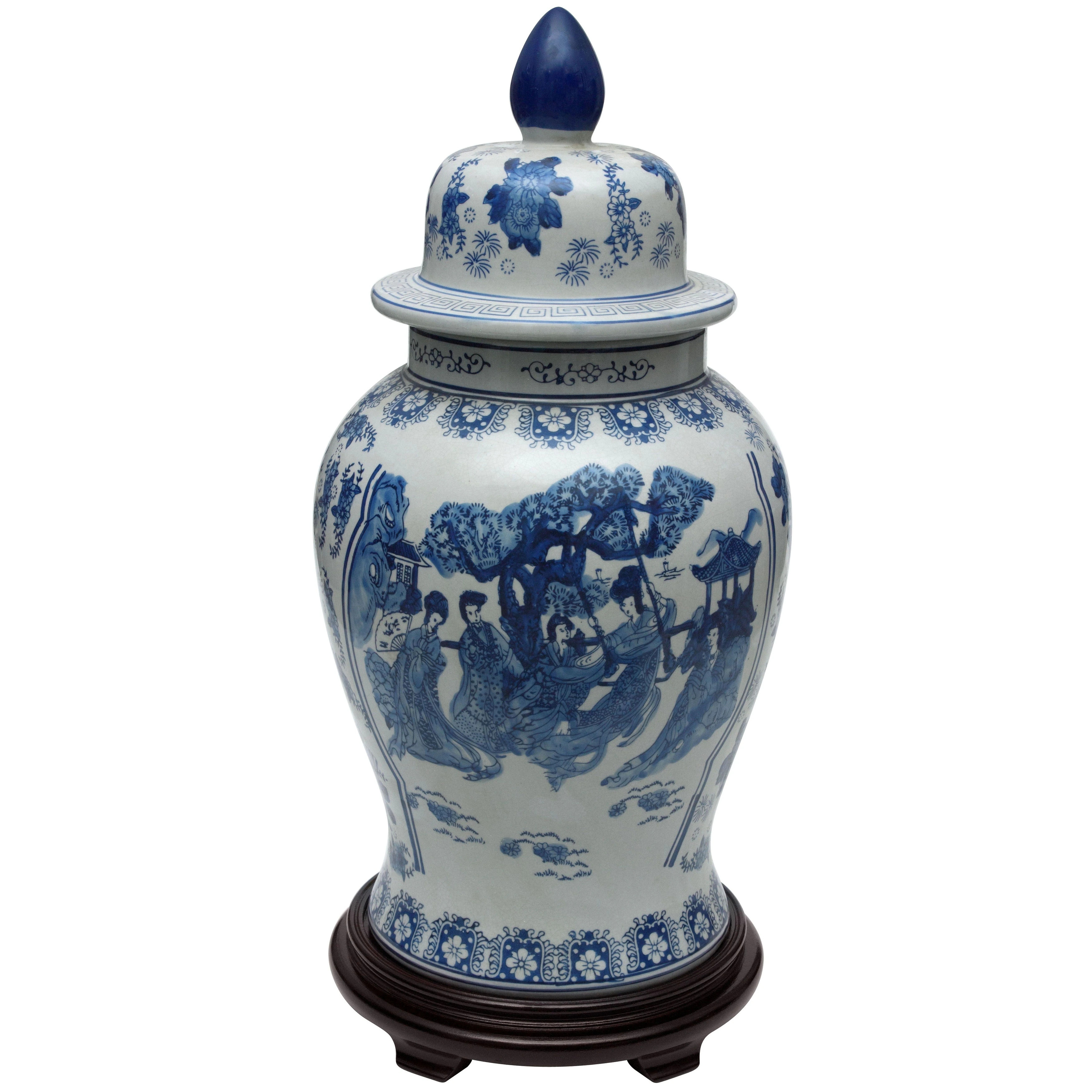 Handmade 24" Ladies Blue and White Porcelain Temple Jar | Overstock