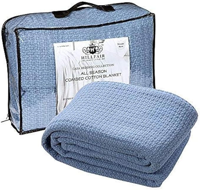 Hillfair 100% Soft Premium Combed Cotton Thermal Blanket - King Size - All Season - Blue | Amazon (US)