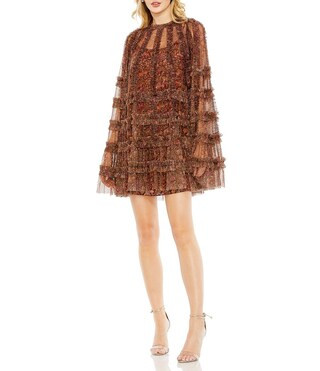 Floral Print Long Flare Sleeve Crew Neck Tiered Ruffle Detail Mesh Mini Dress | Dillard's