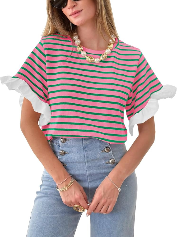 Tankaneo Women Striped Tops Ruffle Sleeve Casual Basic T Shirts Crewneck Short Sleeve Shirt Summe... | Amazon (US)