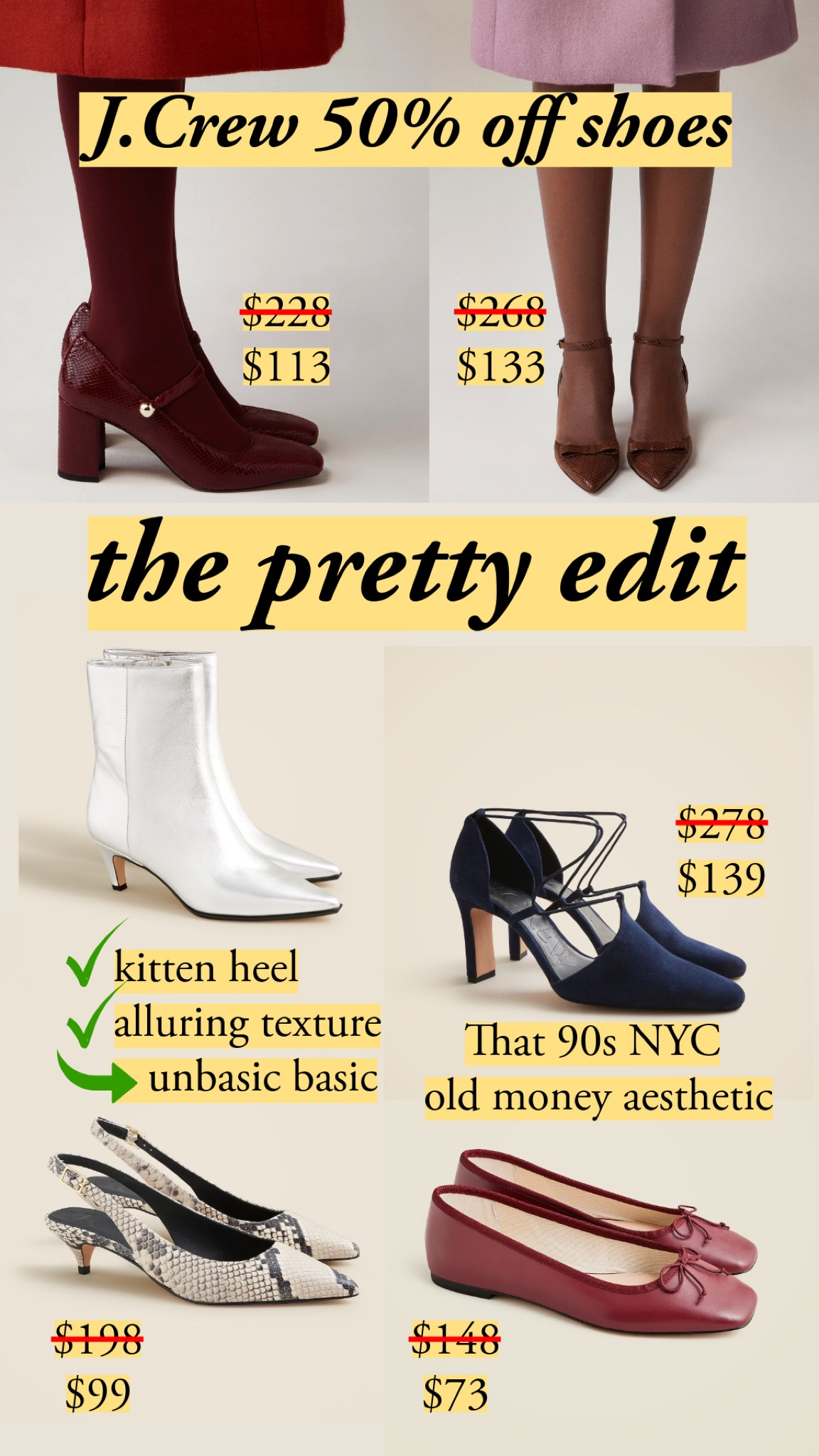 J.Crew is taking 50% off these shoes for 25 hours. I have been craving some prettiness, and J.Crew is delivering. 

These are great for a night, of course. Bonus: also great for adding a bit of pretty to your weekdays. I love the styling with the matching tights in burgundy  

#LTKShoeCrush #LTKFindsUnder100 #LTKSaleAlert