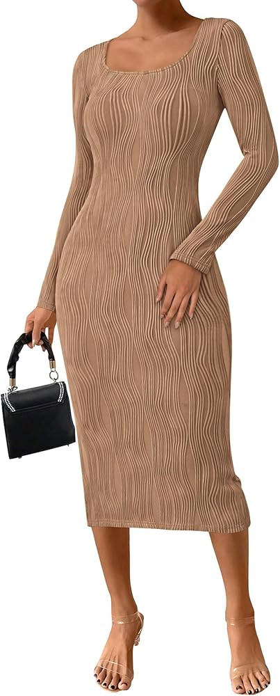 PRETTYGARDEN Women's Dress 2024 Fall Long Sleeve Square Neck Fitted Knit Midi Party Club Slit Bod... | Amazon (US)