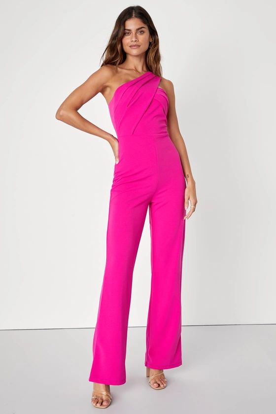 Devoted to Fun Hot Pink One-Shoulder Sleeveless Jumpsuit | Lulus