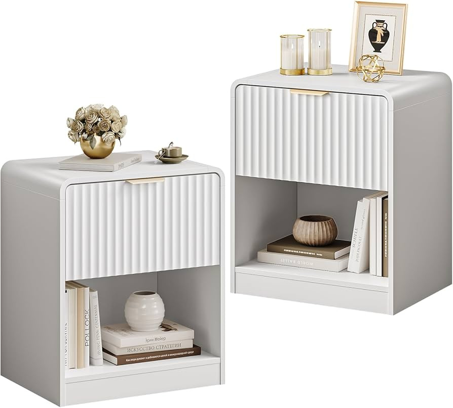 Night Stand Set of 2, White Nightstand, Fluted Nightstand with Drawers and Gold Handle, Modern Be... | Amazon (US)