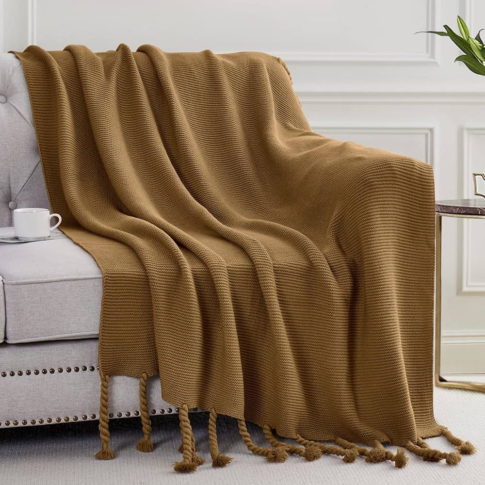 Aormenzy Brown Throw Blanket with Tassels, Oversized Knitted Throw Blanket for Couch Bed Sofa, 60... | Amazon (US)