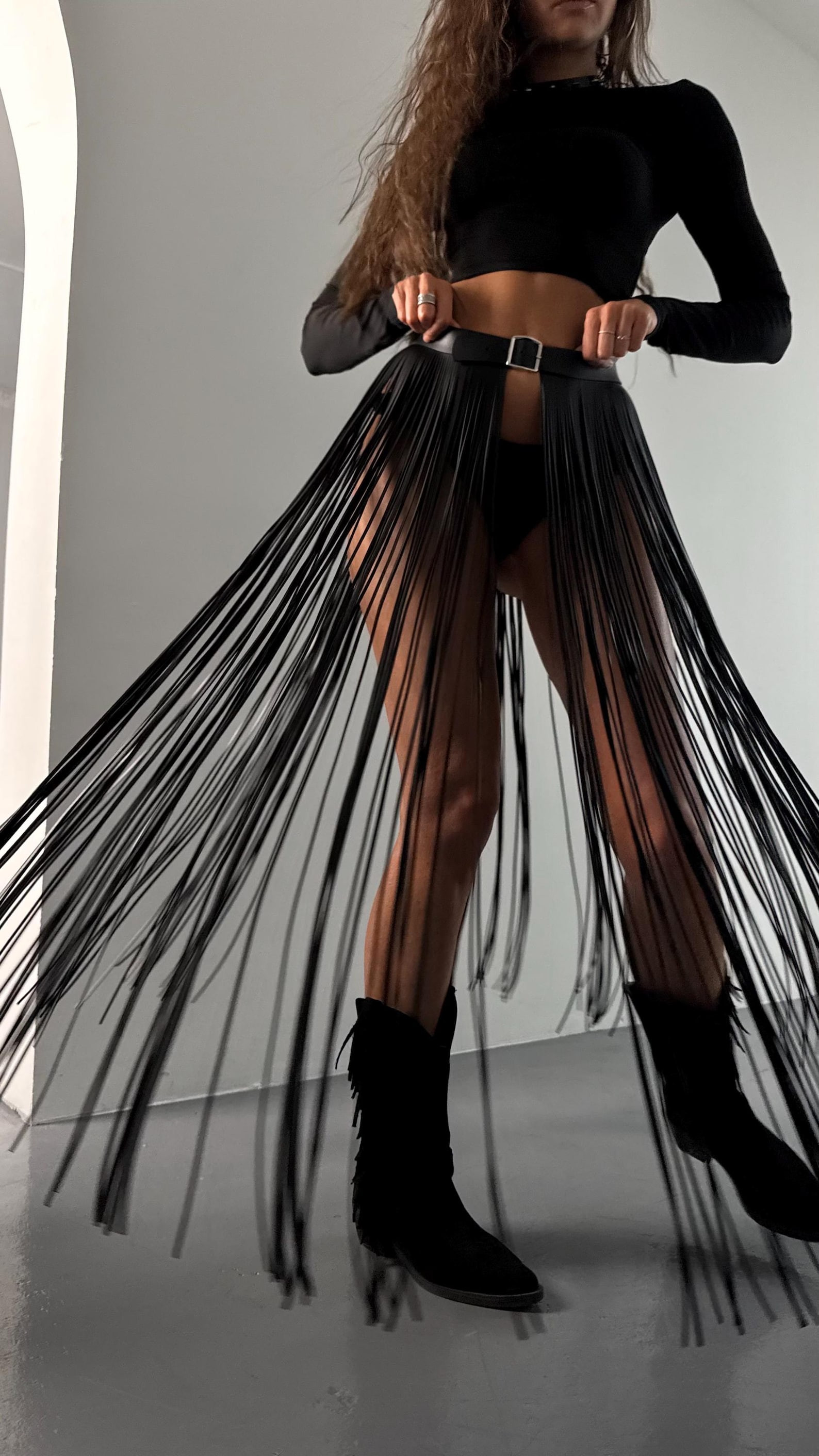 Long Vegan Leather Fringe Belt 110 cm: Adjustable Statement Piece | Etsy (US)