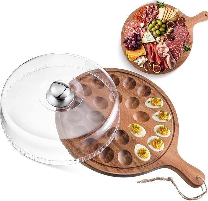 Easter Acacia Wood Deviled Egg Platter with Lid and Handles 24 Holes Round Deviled Egg Tray Holde... | Amazon (US)