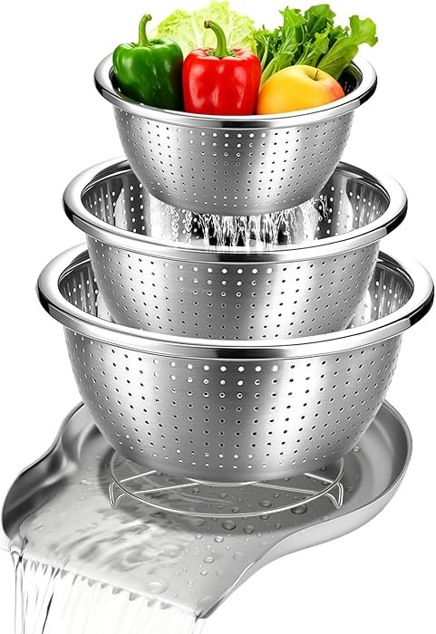 Palksky Stainless Steel Colander Set with Self-Draining Base, 3 Sizes Colanders & Food Strainers ... | Amazon (US)