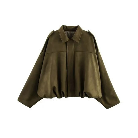 Women's Cropped Faux Suede Bomber Jacket Fall Casual Oversized Shacket Coat Long Sleeve Trendy Outerwear | Walmart (US)