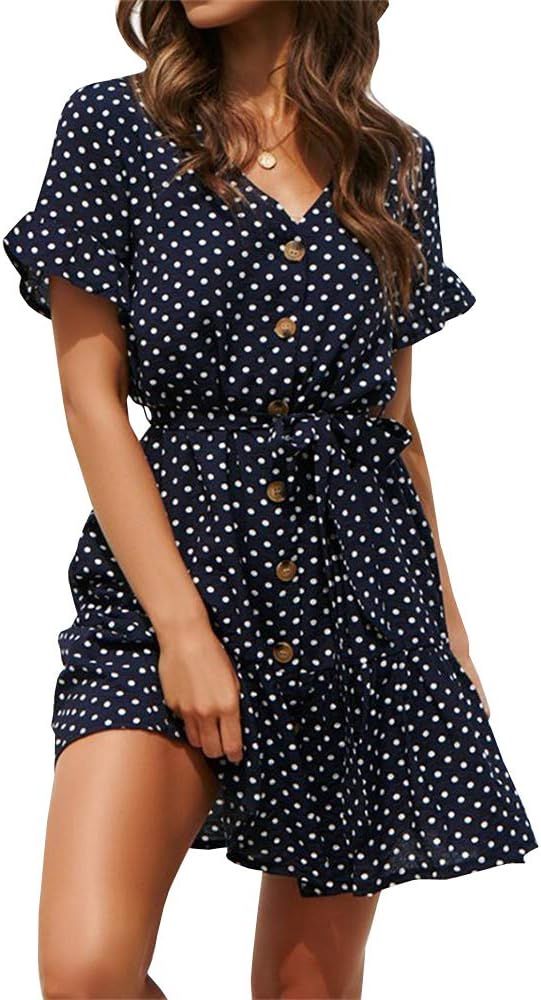 Womens Polka Dot Button Down Dress Boho Short Sleeve Ruffle Mini Dresses with Belt | Amazon (US)