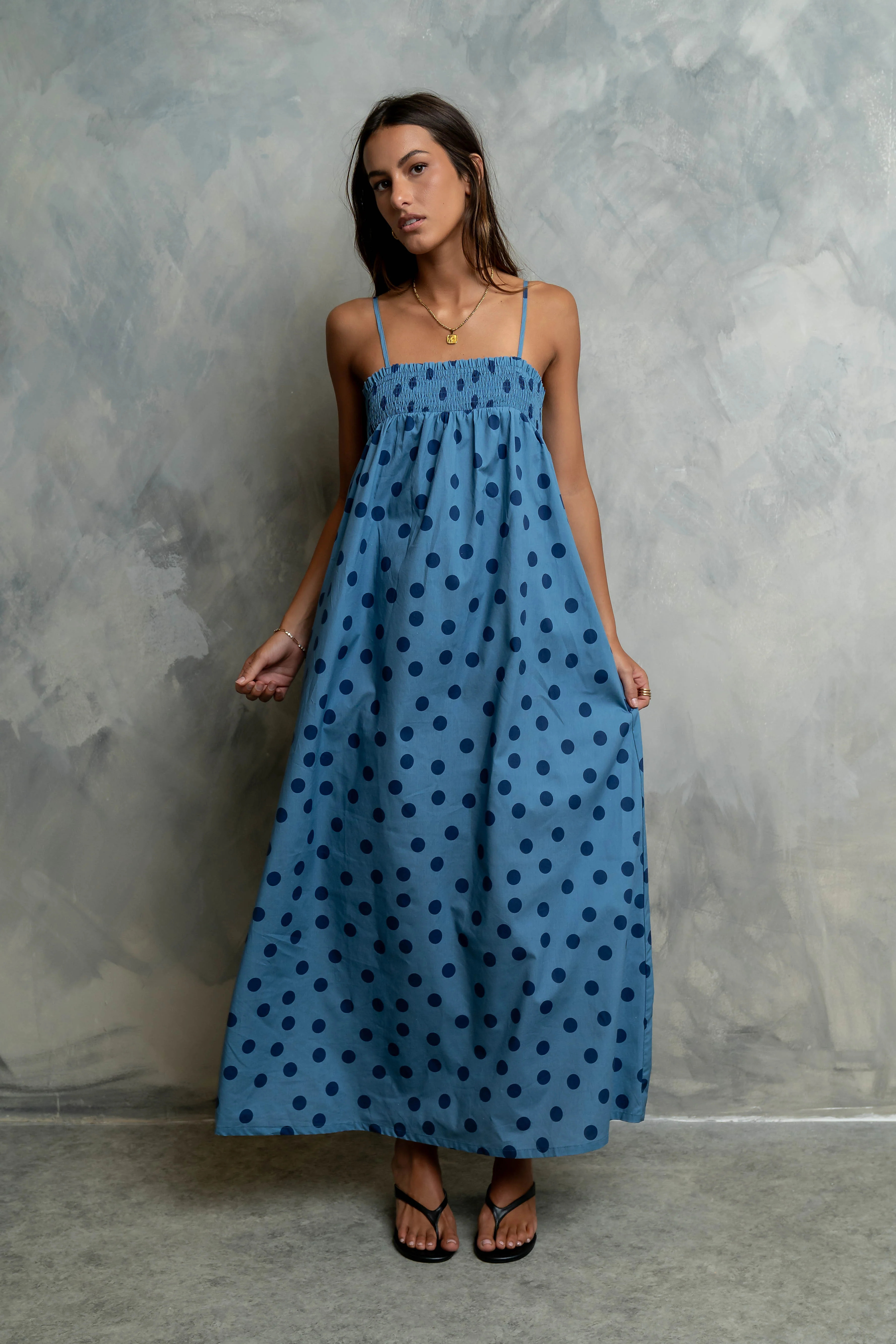 Taylen Polka Dot Maxi Dress in Dusty Blue | Böhme US