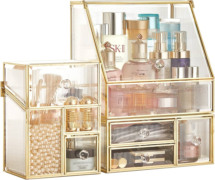 Stackable 3Pieces Drawer Set Glass Makeup Organizer Antique Countertop Vanity Cosmetic Storage Bo... | Amazon (US)