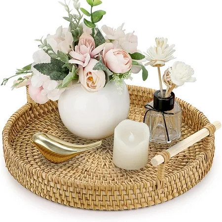 Small Round Rattan Serving Tray, Wicker Basket Tray with Handles Hand Woven Decorative Tray Basket Ottoman Trays for Coffee Table Party Bathroom Home Decor | Walmart (US)