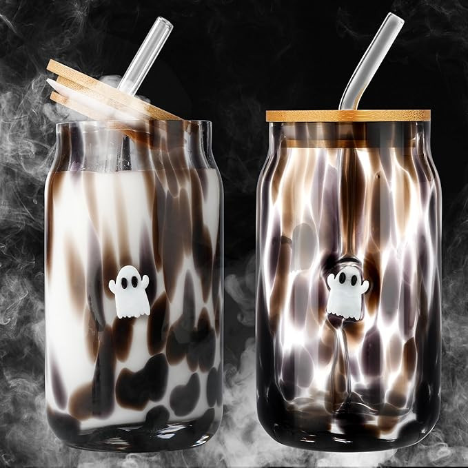 Potchen 2 Pcs Icon Glass Cups 16.9 oz Ghost Pumpkin Cups with Lids and Straws Drinking Glasses Se... | Amazon (US)