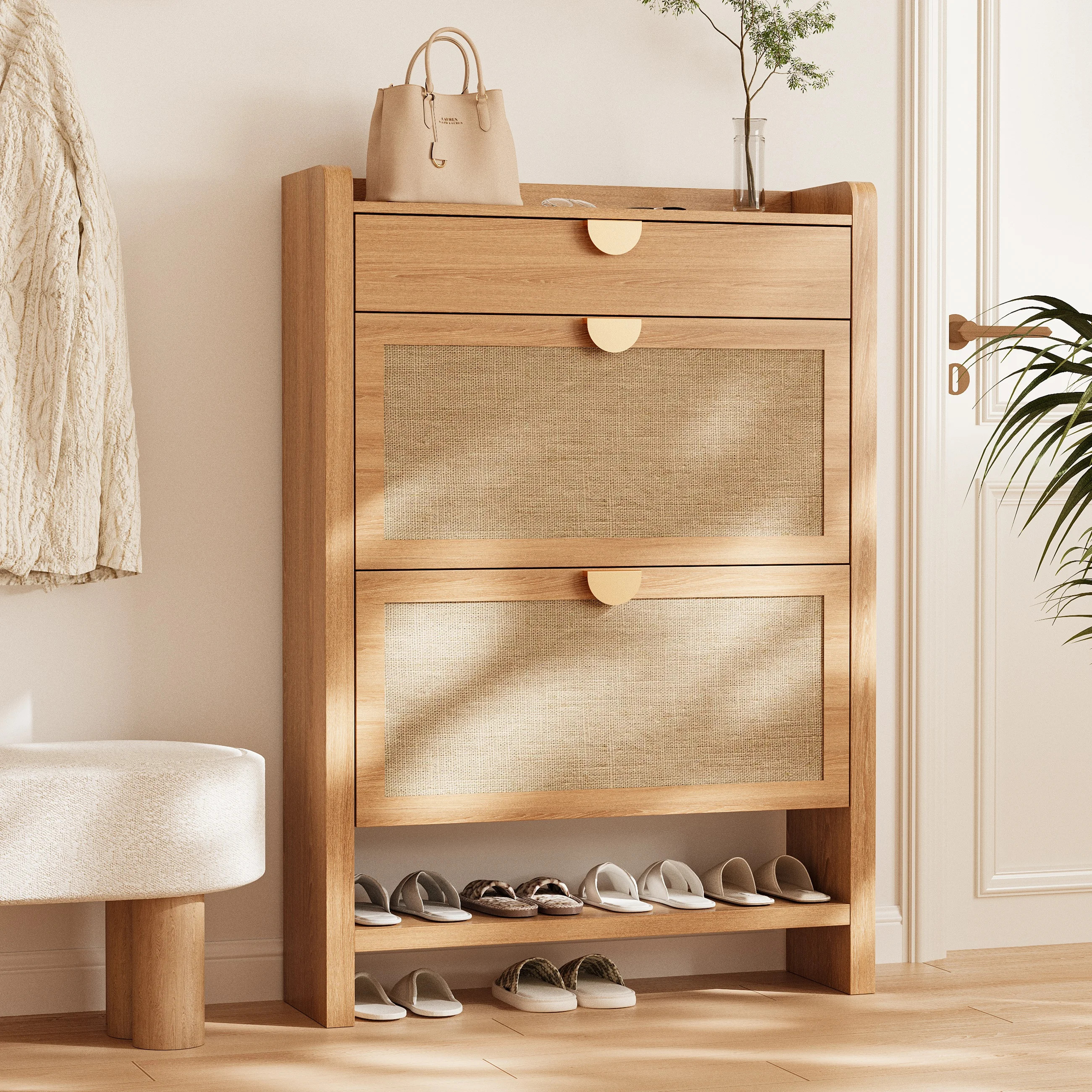 Rattan Shoe Storage Cabinet with 2 Flip Drawers - Narrow Free Standing Shoe Organizer for Entryway, Hallway & Closet - Hidden Shoe Rack Cabinet Natura | Wayfair North America