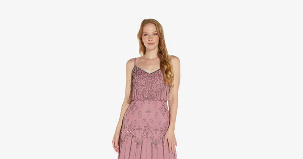 Hand-Beaded Mesh Blouson Gown In Rose Mercury | Adrianna Papell