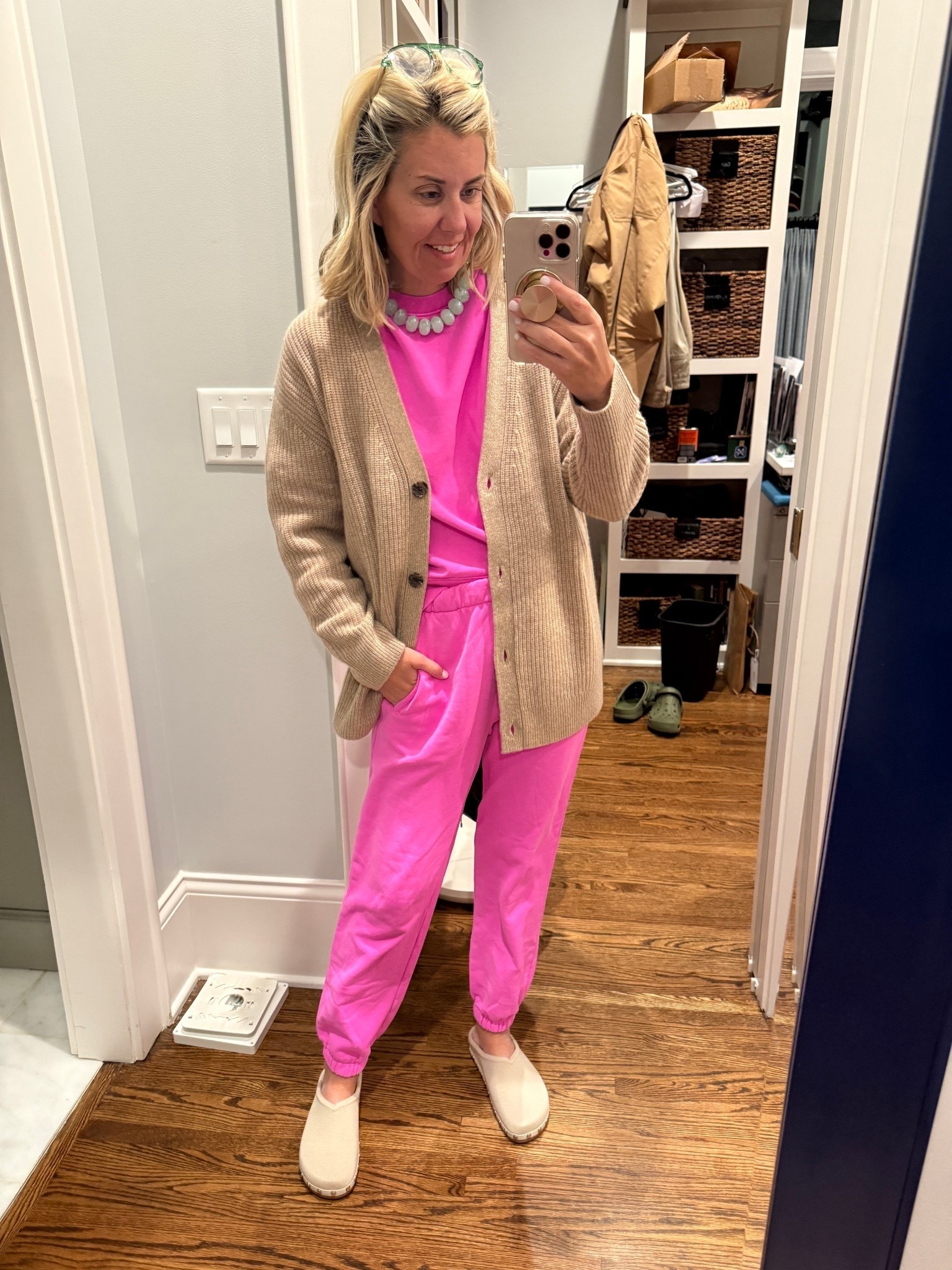 Gauze Joggers - $22.49
Sweatshirt - $17
Sweatpant Joggers - $17
Gauze Long Sleeve - $32.49
Gauze Maxi - $12.48

I’m wearing xs in the set & cardigan and 7 in Rothy’s.