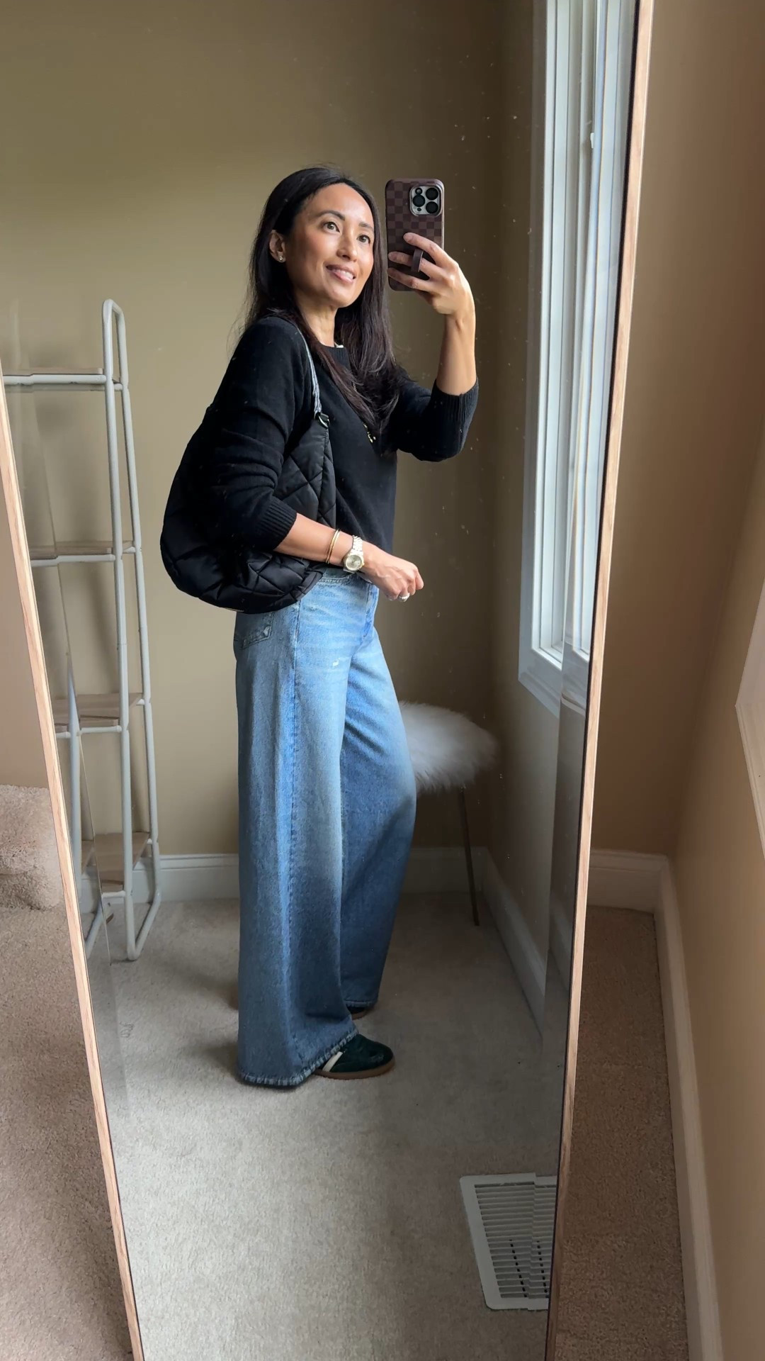 Sweatpant jeans. 
-It took me seeing a pair in person to appreciate the concept, as a true denim fabric lover. But the feel, the drape, the look, and of course the comfort ended up winning me over. 
-I’m wearing the designer version here, but am also linking my favorite alternative to the popular designer pair that has been restocked in all sizes and currently on sale for around $53-$59. The look for less option I am recommending is the best alternative that I have found after trying out a few pairs. Size down. The regular length is a bit long for me with flat shoes, but actually looks good when it skims the floor. 
-Soft classic crewneck sweater. I like to size up in this style. 
-New sneakers that are a great option to add interest to neutral looks. Size down. 
-Quilted shoulder bag style that also comes with a crossbody strap and chain strap. 
-Initial necklace works great with crewneck tops. 


#LTKStyleTip #LTKItBag #LTKOver40