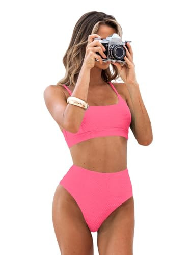 CUPSHE Women Swimsuit Bikini Set High Waisted Ribbed Texture Widen Trim Two Piece Bathing Suit, S Pink | Amazon (US)