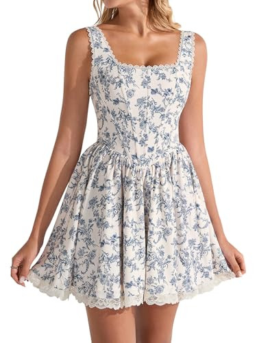 EYNMIN Floral Mini Corset Dress Square Neck Flowy A Line Lace Up Graduation Dresses Short Sundres... | Amazon (US)