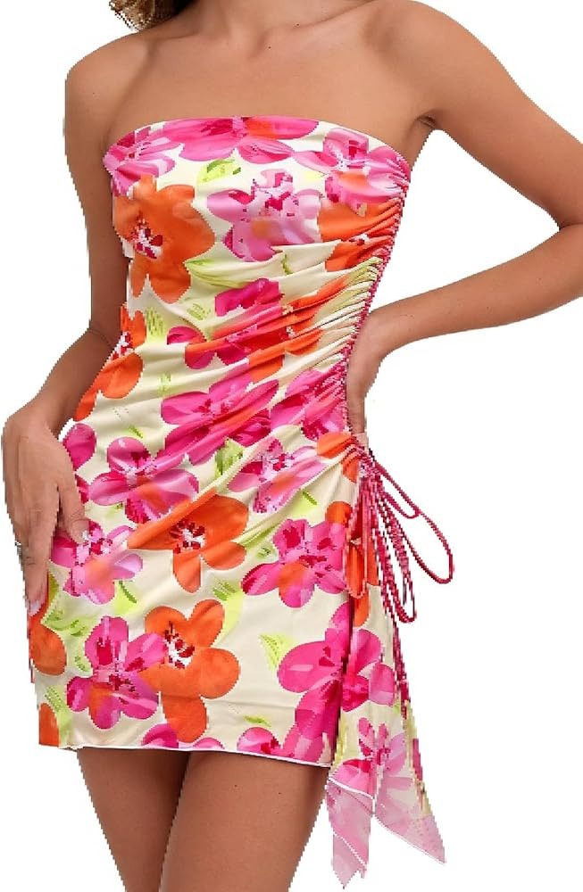 Milumia Women's Sexy Floral Strapless Mini Dress Ruched Asymmetrical Split Sunset Dresses | Amazon (US)