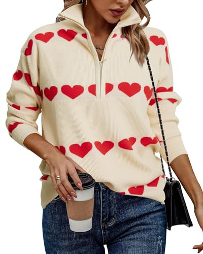 Heart Sweater for Women V Neck Valentines Sweatshirt Quarter Zip Pullover Ribbed Knitted Sweaters... | Amazon (US)