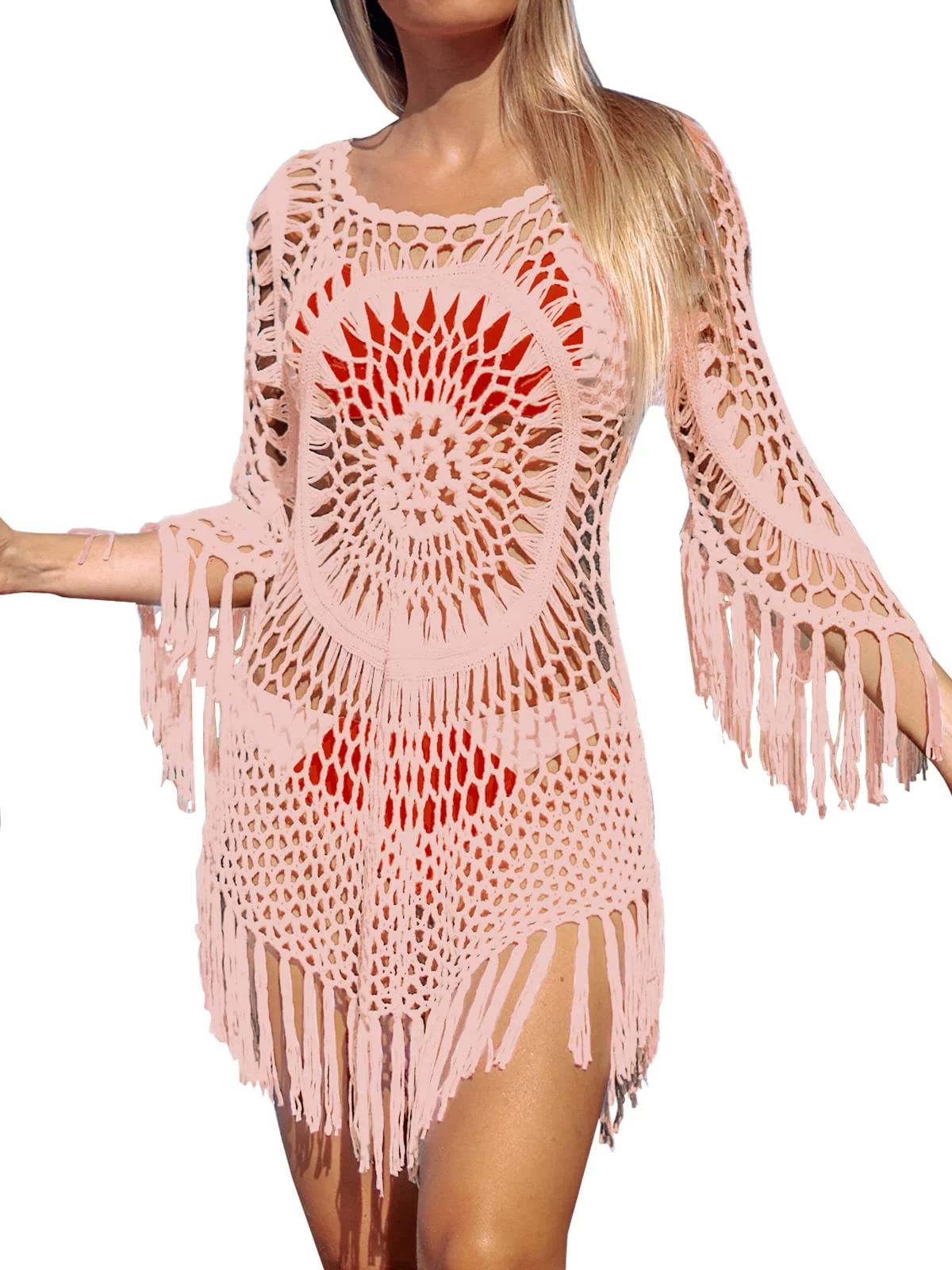 Cupshe Women's Cover Up Crochet Tassel Three Quarter Sleeve Beachwear Pink, S | Walmart (US)