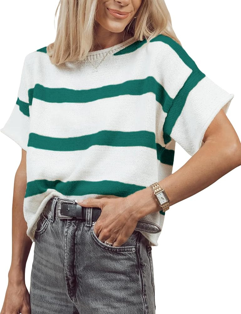 Yeokou Women Oversized Striped Knit Pullover Crewneck Short Sleeve Rolled Hem Sweater Blouse Summ... | Amazon (US)