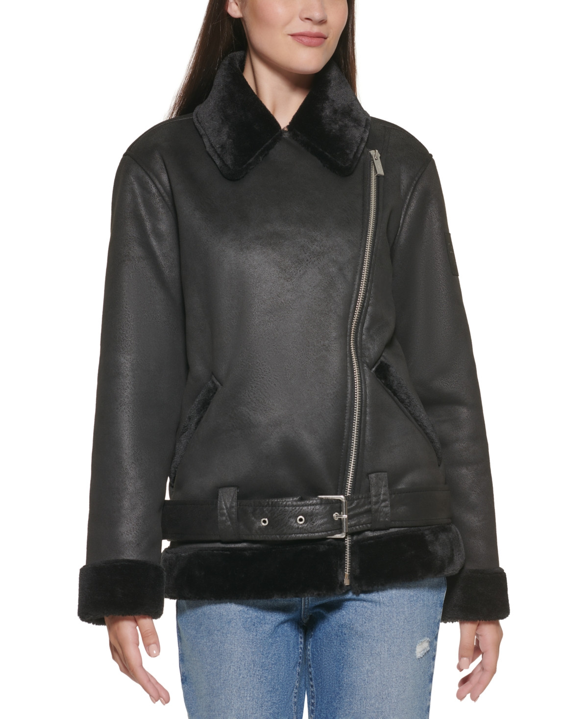 Calvin Klein Jeans Faux Fur-Trim Moto Jacket | Macys (US)