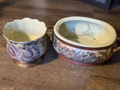 Set Vintage Porcelain Asian Floral Heavy Foot Bath Oval Planter & Bowl | eBay US