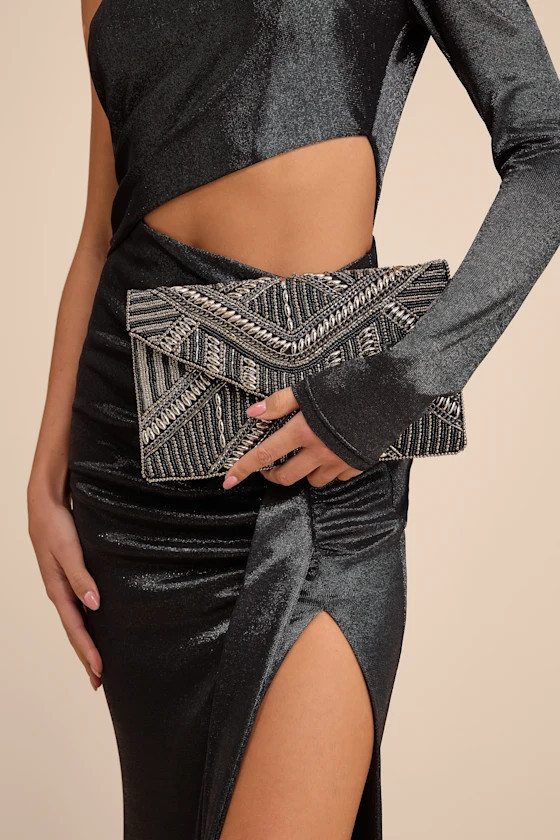 Sheridan Black and Silver Beaded Envelope Clutch | Lulus