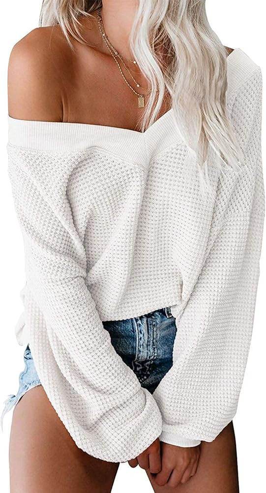 ReachMe Womens Oversized Off The Shoulder Tops Long Sleeve Waffle Knit Shirt V Neck Pullover Sweater | Amazon (US)