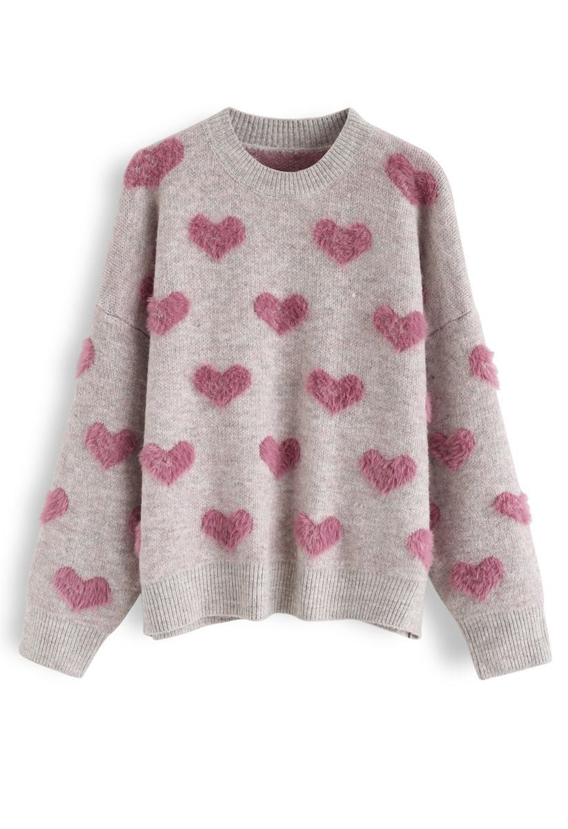 Contrast Color Fuzzy Hearts Knit Sweater | Chicwish