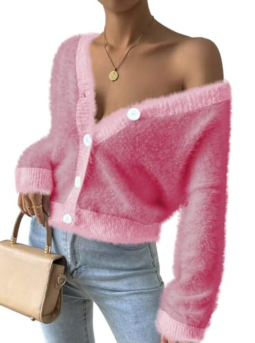 Pink Queen 2024 Women's Knitted Cropped Cardigan V-Neck Button Down Long Sleeve Open Front Chunky Sweater Carnations S | Amazon (US)