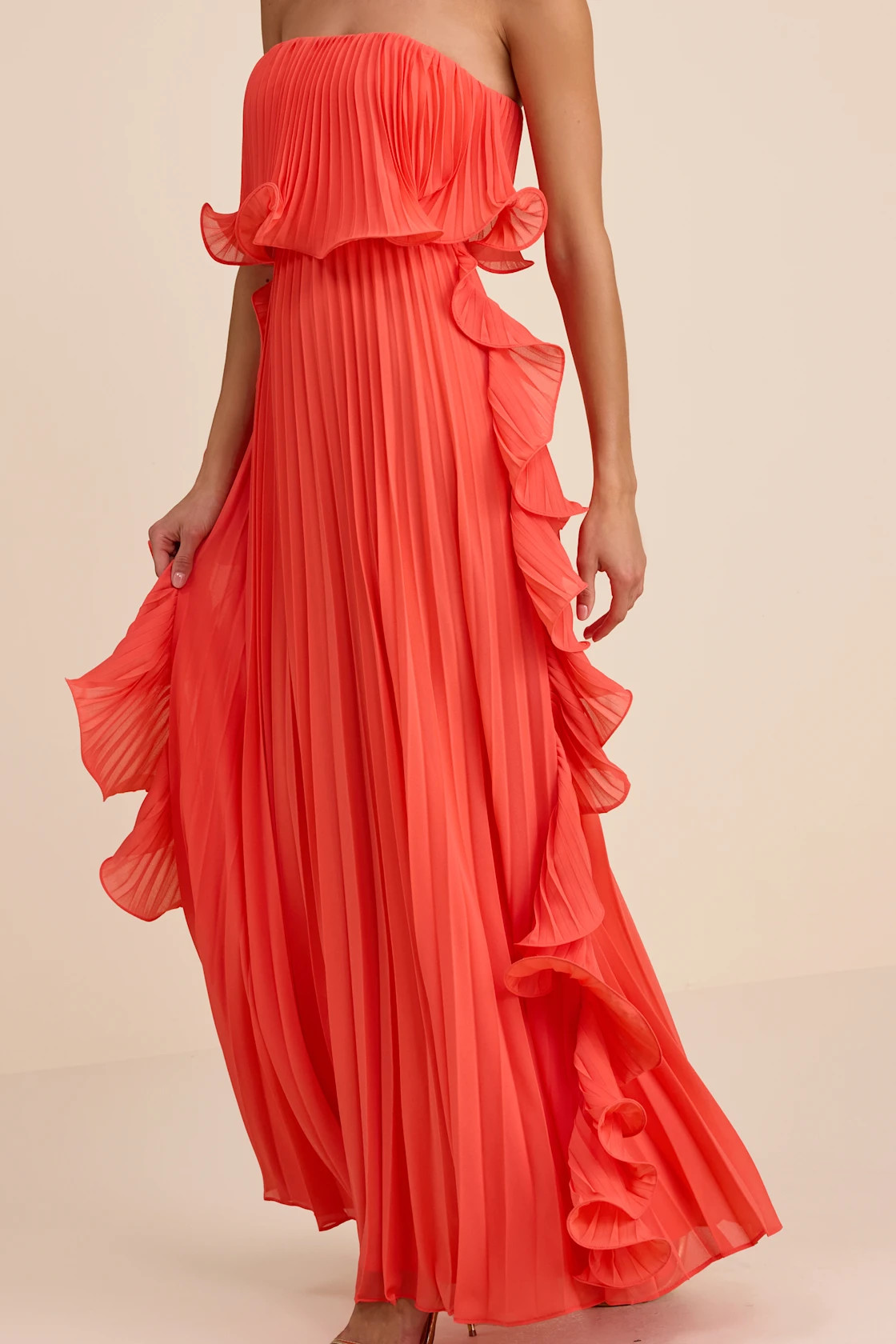 Andri Bright Orange Pleated Ruffled Maxi Dress | Lulus