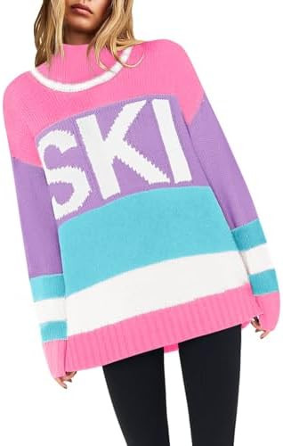 Yousify Womens Sweaters Fall 2025 Oversized Color Block Ski Sweater Crewneck Winter Tops S-2XL | Amazon (US)