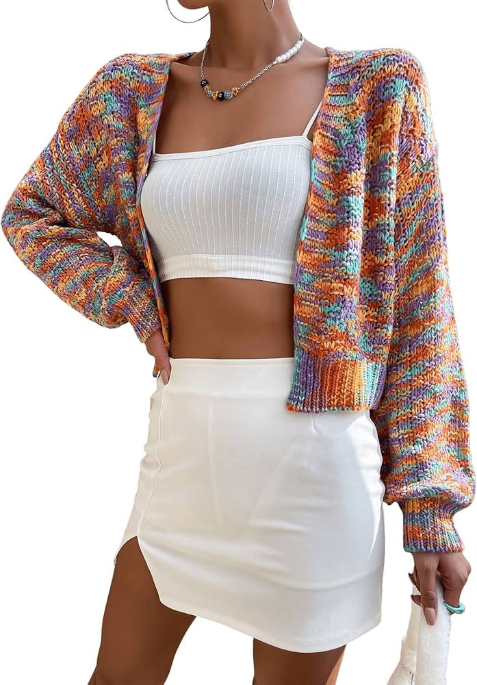 SweatyRocks Women's Color Block Long Sleeve Open Front Cardigan Sweater Knit Crop Top | Amazon (US)