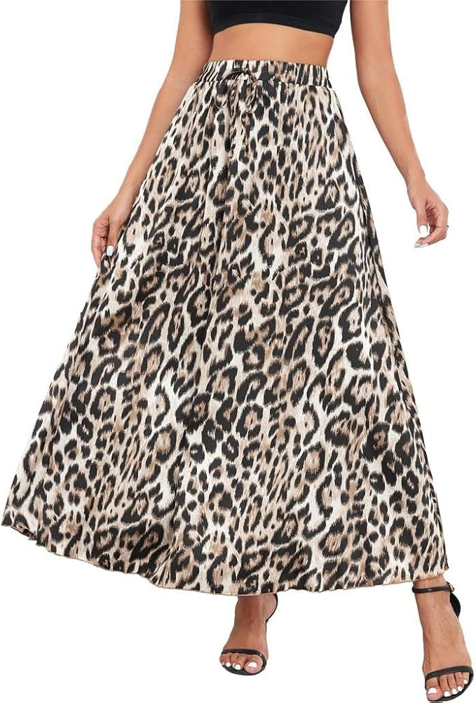 VintageClothing Long Skirts for Women Leopard Print Flowy Summer Flared A Line Maxi Skirts Elasti... | Amazon (US)