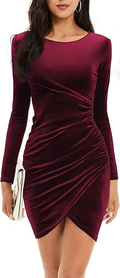 queenale Womens Sexy Velvet Dress Long Sleeves Wrap Ruched Bodycon Formal Cocktail Wedding Guest ... | Amazon (US)