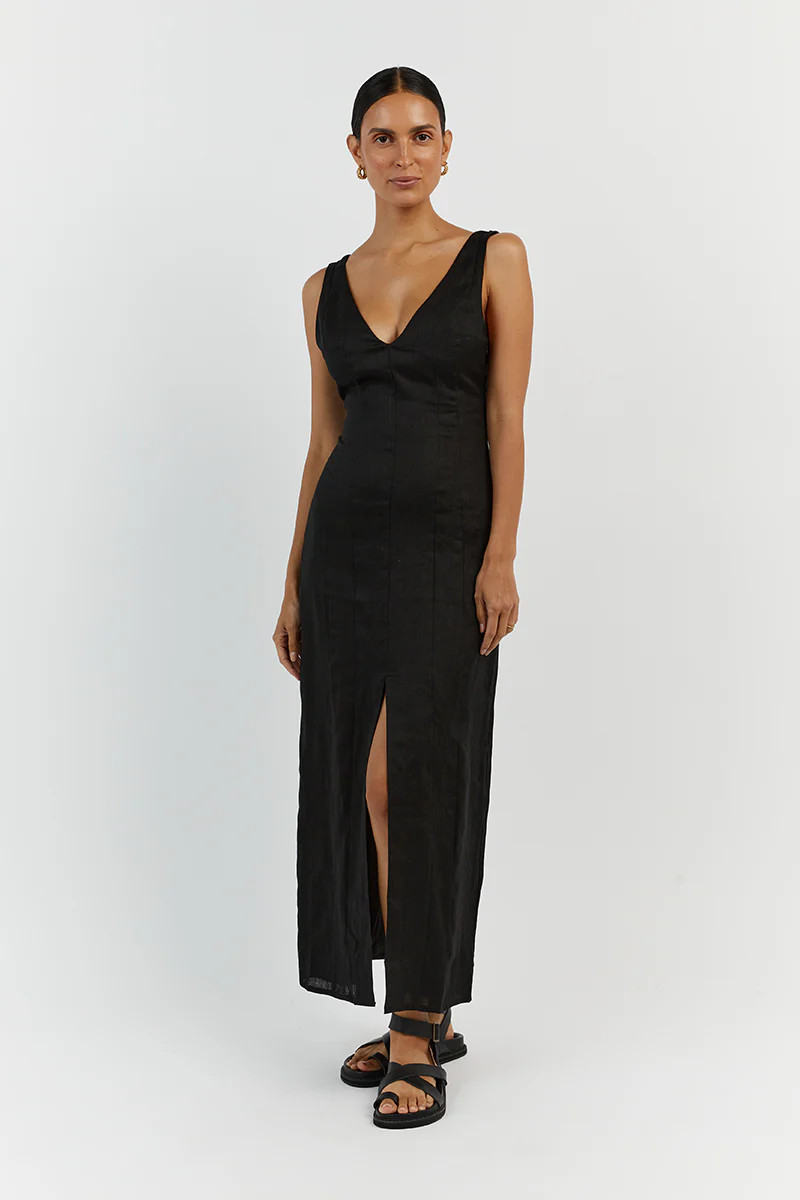 MILAHN BLACK LINEN V NECK DRESS | DISSH