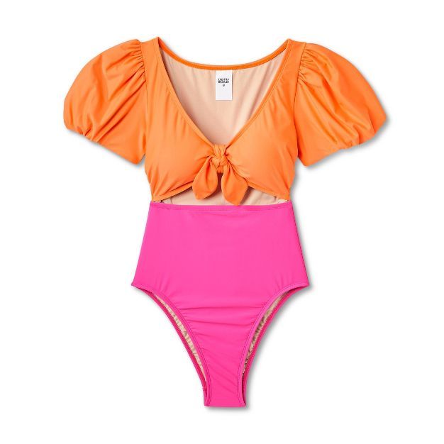 Women's Colorblock Puff Sleeve Tie-Front One Piece Swimsuit - Tabitha Brown for Target Orange/Pin... | Target