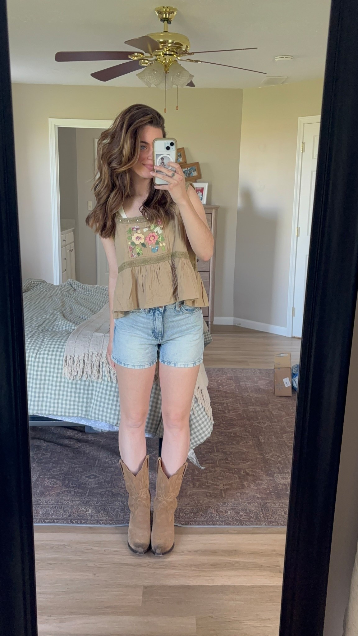 Shorts are old @Wrangler from Wiseman’s Western! Linking similar! Top is @threebirdnest boots @Tecovas 

#LTKdayinmylife #LTKootd #LTKmomlife