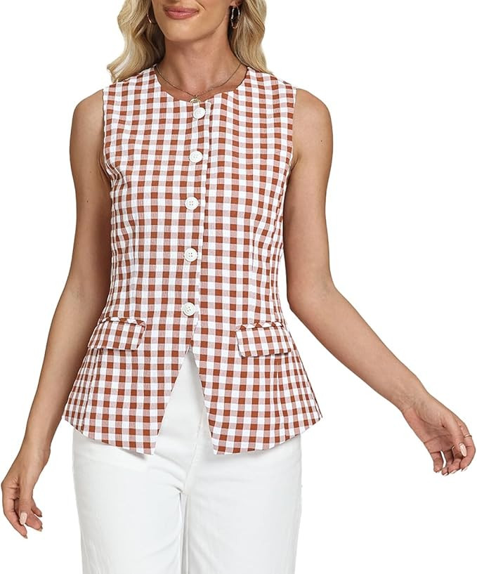 D-Sun Women's Sleeveless Blazer Vest Button Down Suit Vest Tops Gingham Trendy Round Neck Busines... | Amazon (US)