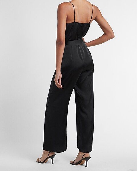 Satin Belted Cowl Neck Wide Leg Jumpsuit | Express