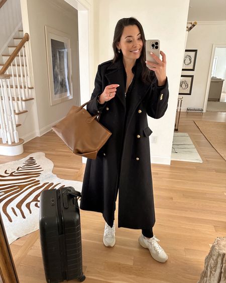Kat Jamieson shares her easy travel outfit. Fall outfit, suitcase, travel style, black coat, sneakers. 

#LTKCyberWeek #LTKtravel #LTKitbag
