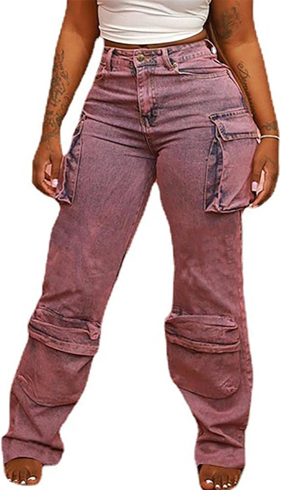 Women's Cargo Pants Y2K High Waisted Baggy Jeans Flap Pocket Wide Leg Denim Pants Streetwear | Amazon (US)