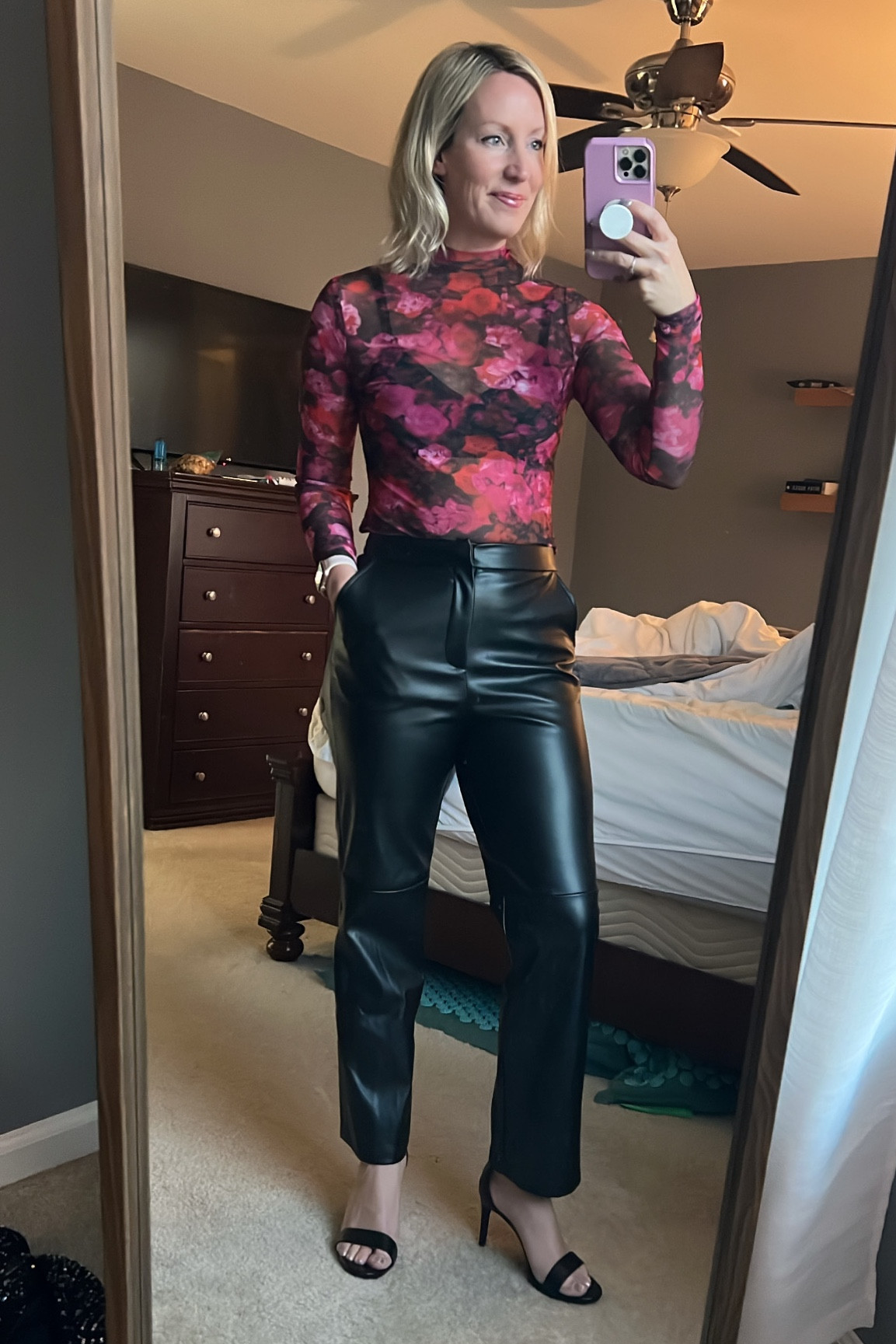 The cutest sheer floral top and faux leather pants! Love the high waist. Wearing a small in both! Shoes are from Target ;)

#LTKFindsUnder100