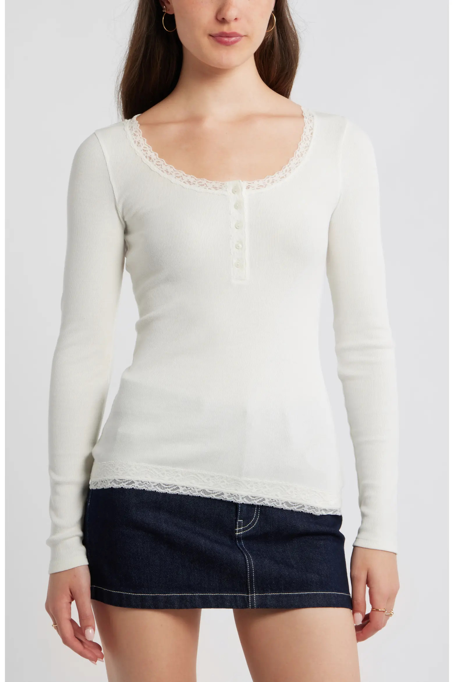 Lace Trim Cotton Blend Rib Henley (Women) | Nordstrom | Nordstrom